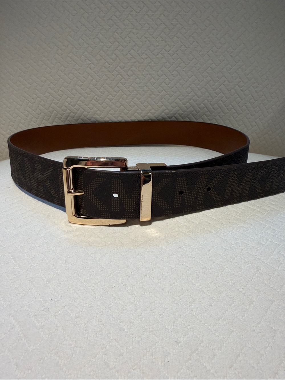 Women’s Brown Logo-Print Reversible Leather Belt with Gold Buckle